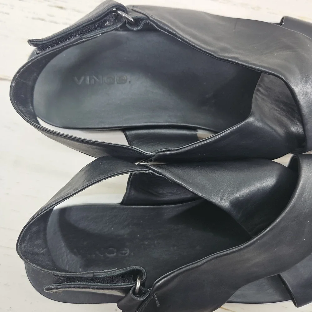 Vince Weslan Platform Sandals Shoes Womens 8 Black Leather Slingback Wedge Cross